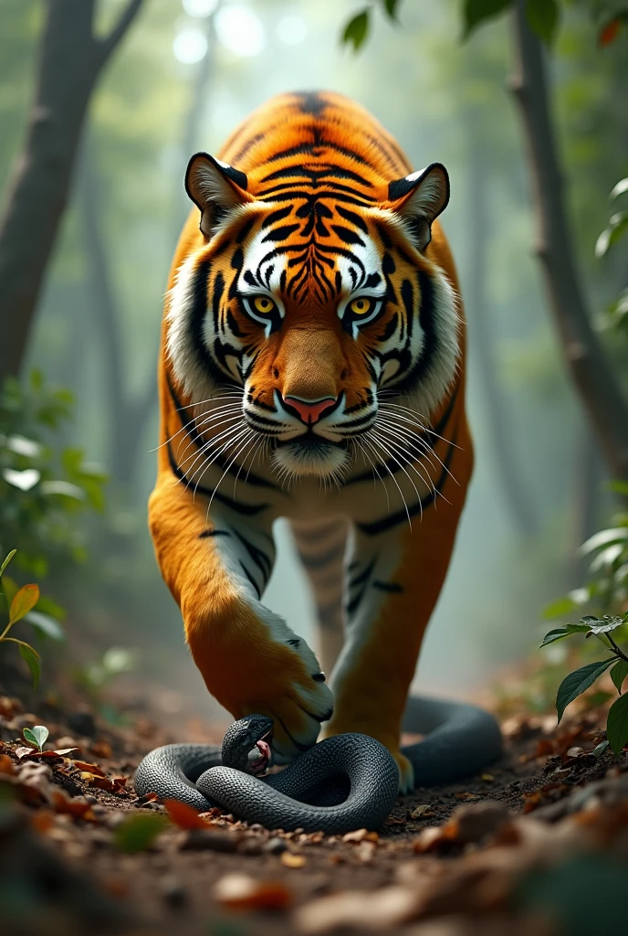 Tiger stepping on dead snake
