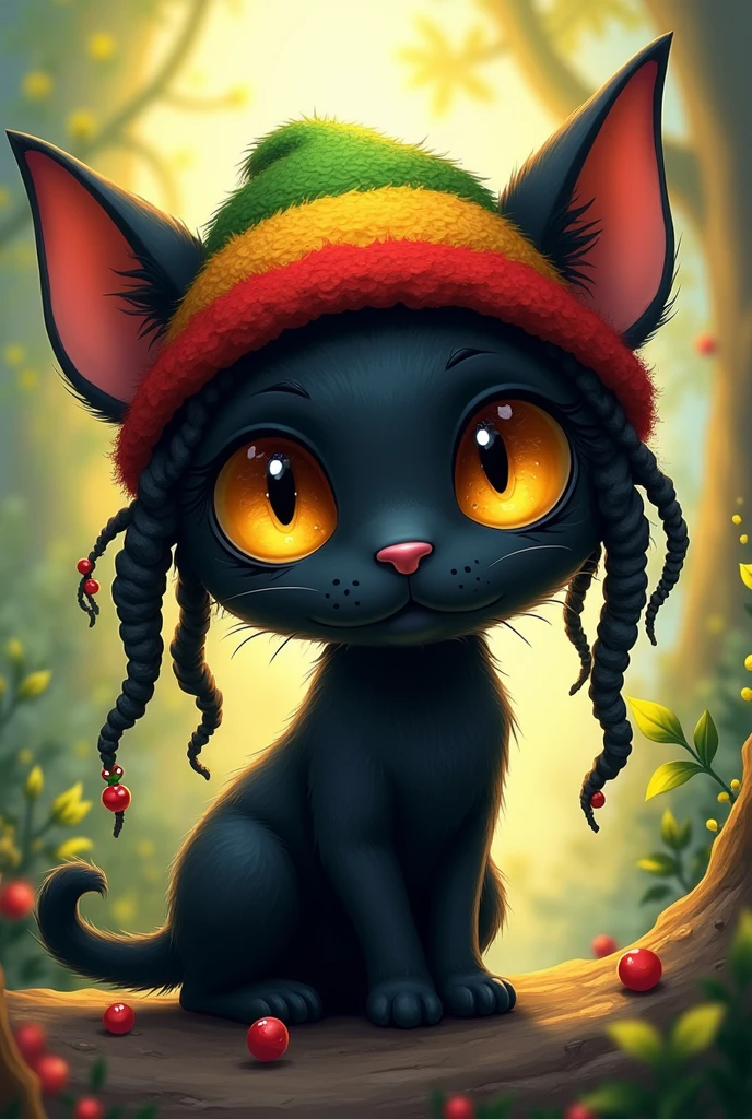 Create a character like the one from the game Hollow Night so cute that it looks like a black cat but with dreadlocks and a Rastafarian hat with its ears sticking out.