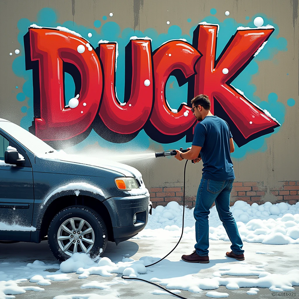 A graffiti style drawing of a man washing a car with snow foam and on the wall writing: duck