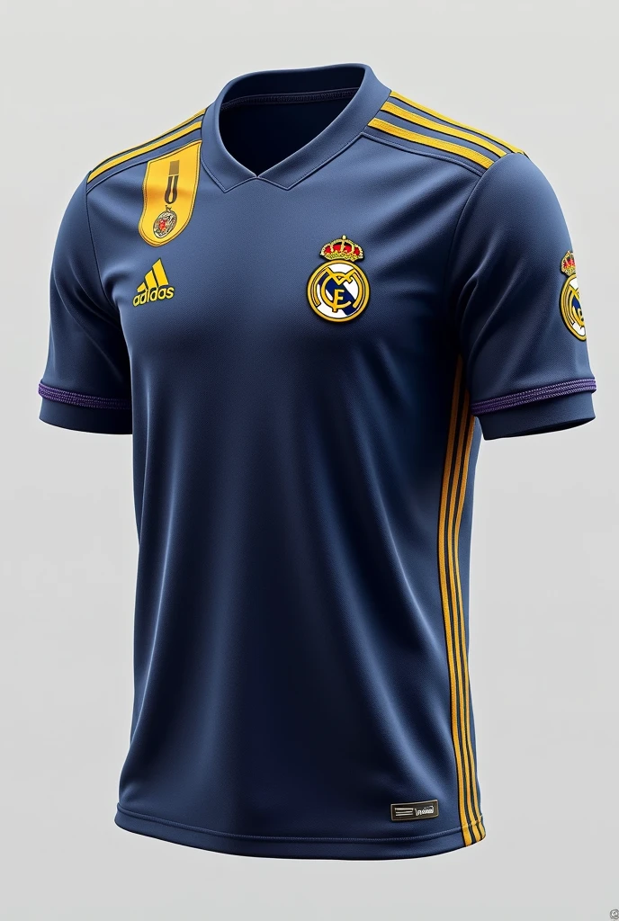 Generate real madrid shirt that would not infringe any copyright. Make it clean classic look, with golden blue and magenta elements.