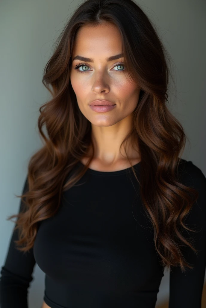 woman 29 years old, long brown hair a little curly, blue eyes, perfect face, professional makeup as a model, C and wearing black top