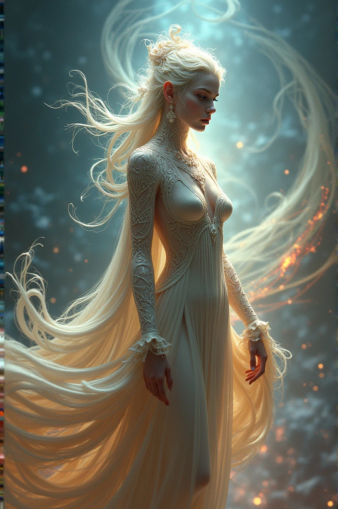 a surreal scene of a woman with flowing hair made of trees, surrounded by ships sailing on waves, against a backdrop of galaxies, (best quality,4k,8k,highres,masterpiece:1.2),ultra-detailed,(realistic,photorealistic,photo-realistic:1.37),digital art, cinematic lighting, vibrant colors, ethereal, dreamlike, intricate details