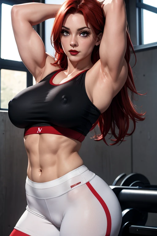 Beautiful muscular woman perfect breasts muscular body messy red hair light eyes gym uniform top and leggings red lips blushing face raising her arms behind her head 