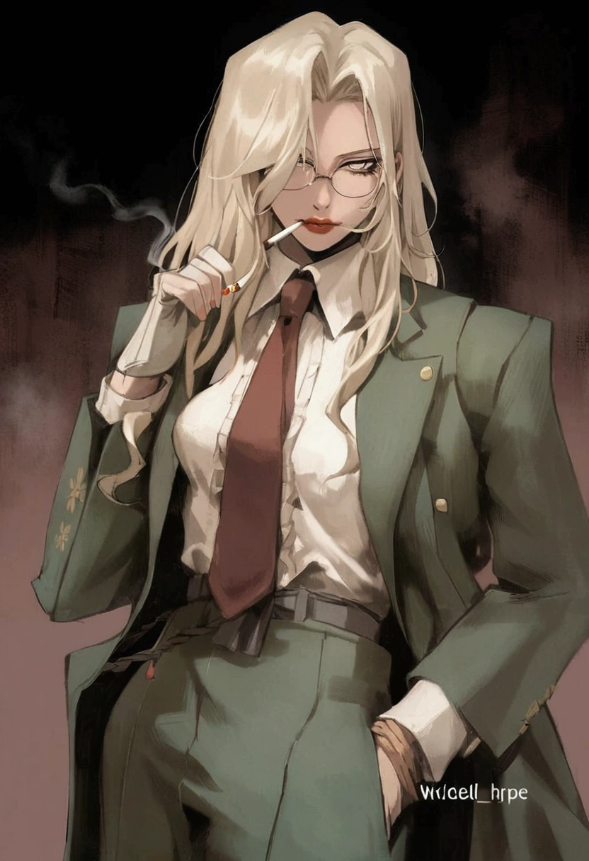 blonde woman in green kimono smoking a cigarette, Japan, feudal Japan, medieval Japan, japanese, kimono, armour, Samurai, geisha, detailed kimono, sakura, ninja, detailed anime character art, digital art from danganronpa, king hiroe branch of the black lagoon, kimono girl, anime character art, anime character, blonde anime girl with long hair, female anime character, kimono girl, style of hajime isayama, wise ( assessing ), dolorida, sick, garota sick, rosto fungus, fungus, prague, illness, Spores.