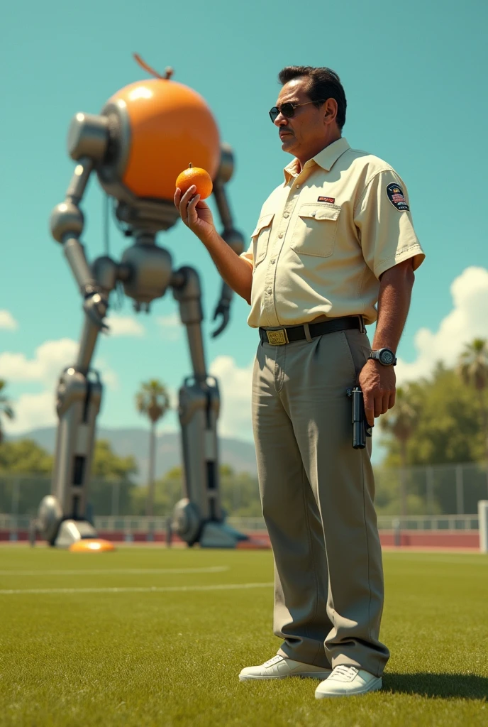 Pablo Escobar holding gun holding tangerine on football field in front of giant mechanical tangerine