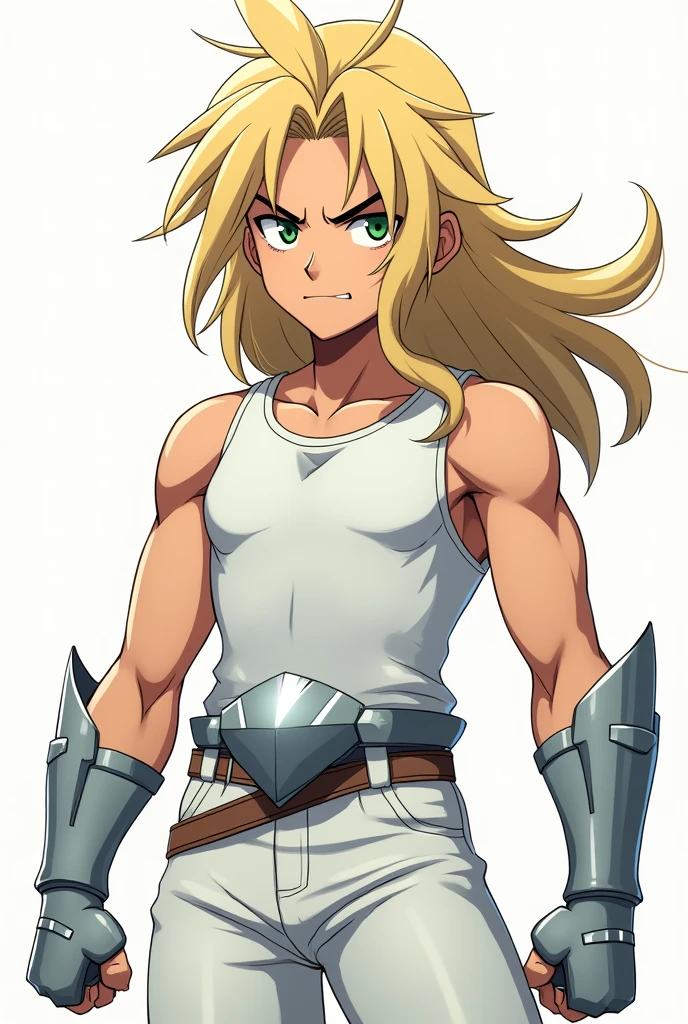 fair-skinned male, youthful appearance, greeneyes, angry look, blonde hair long, wearing a white tank top, wearing white pants, wearing silver chest armor, Knights of the Zodiac style, anime styling, Full-body image