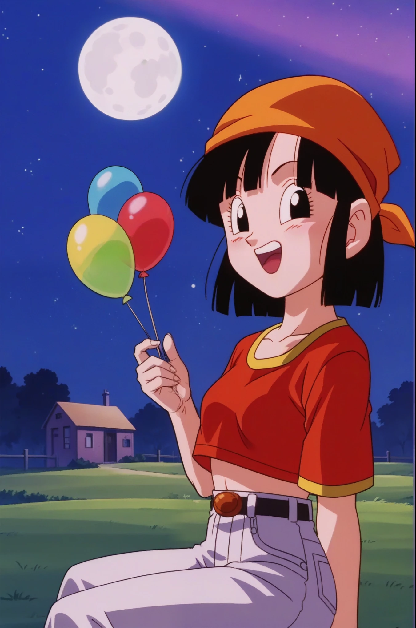 source_anime, score_9, score_8_up, score_7_up, anime screencap, 
pangt, 1girl, bangs, closed mouth, melancholic, lost look, blushing, black hair, field, brick town, evening, full moon, moonlight, looking into space, collarbone, coca-cola, holding birthday balloons, whole body, teeth, blunt bangs, outdoors, black eyes, eyelashes, upper teeth only, close-up, red crop top, bandana, retro artstyle, , 1990s \(style\), orange headwear, sitting, medium ass, medium breasts