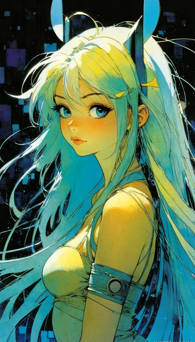 Image resolution 1024px アリス リボン ライト ブルー ホワイト、Light Line、Image resolution 1024px、cute、cute、Long Hair、cute、anime、sexy、pastel、neon、Art inspired by Bill Sienkiewicz and Dave McKean