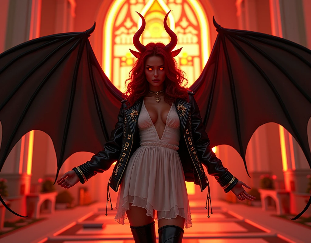 a comic fantasy art of a female devil wearing black leather jacket that has "Devil's Angel" written on it ((full body: 1.5)), exotic beautiful female devil((anatomically correct: 1.5), (ultra detailed face: 1.2), best detailed face, ((red skin: 1.5)), ((fiery glowing eyes: 1.3)), busty, black bat wings, ((black leather jacket: 1.5)), intricate leather jacket, loose leather jacket, glam leather jacket, jacket on fire has (("Devil's Angel" written on it: 1.5), wearing white silk dress, intricate dress, glamour dress, wearing high heeled boots, catholic church background, vibrant, Hyperrealism style, vibrant, Ultra-high resolution, High Contrast, (masterpiece:1.5), highest quality, Best aesthetics), best details, best quality, highres, ultra wide angle, 16k, [ultra detailed], masterpiece, best quality, (extremely detailed) RAW