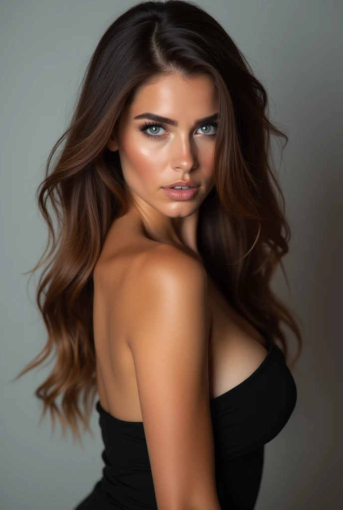 woman 29 years old, long brown hair a little curly, blue eyes, perfect face, professional makeup as a model, C and without clothes