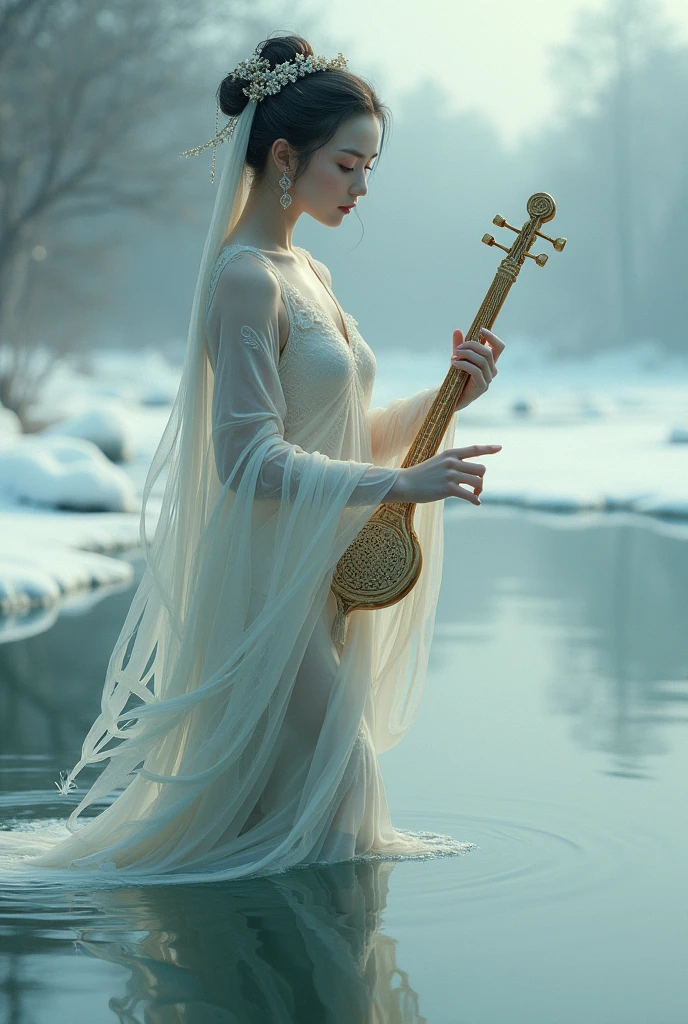 A goddess named Kinnara, half woman and half bird, floating out of the waters of an almost frozen river with his stringed instrument.
The scene is almost frozen, and she is in the foreground. In a very dramatic oriental aesthetic