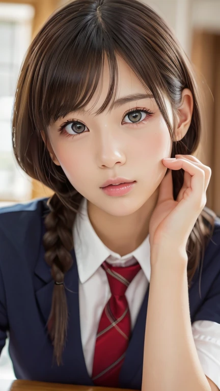 (Tabletop:1.3), (8k, Realistic, RAW Photos, Highest quality: 1.4), Japanese, (One Girl), Beautiful Face, (Realistic Face), (Black Hair), Beautiful hairstyle, Realistic eyes, Beautiful attention to detail, (Realistic Skin), Beautiful Skin, Charm, Ultra-high resolution, Surreal, Very detailed, Golden Ratio,school uniform.blush、Put Index Finger on Mouth、Bobcut、Twin tails