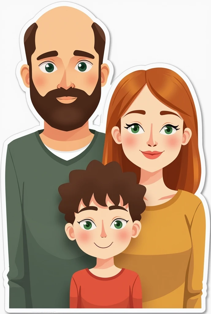A family, A white man, Cao Cao, almost bald, brown beard, greeneyes, next to a white woman de greeneyes com o cabelo castanho-acobreado, straight and without bangs parted in the middle, next to a white woman, greeneyes, curly and blonde hair, illustration style, sticker