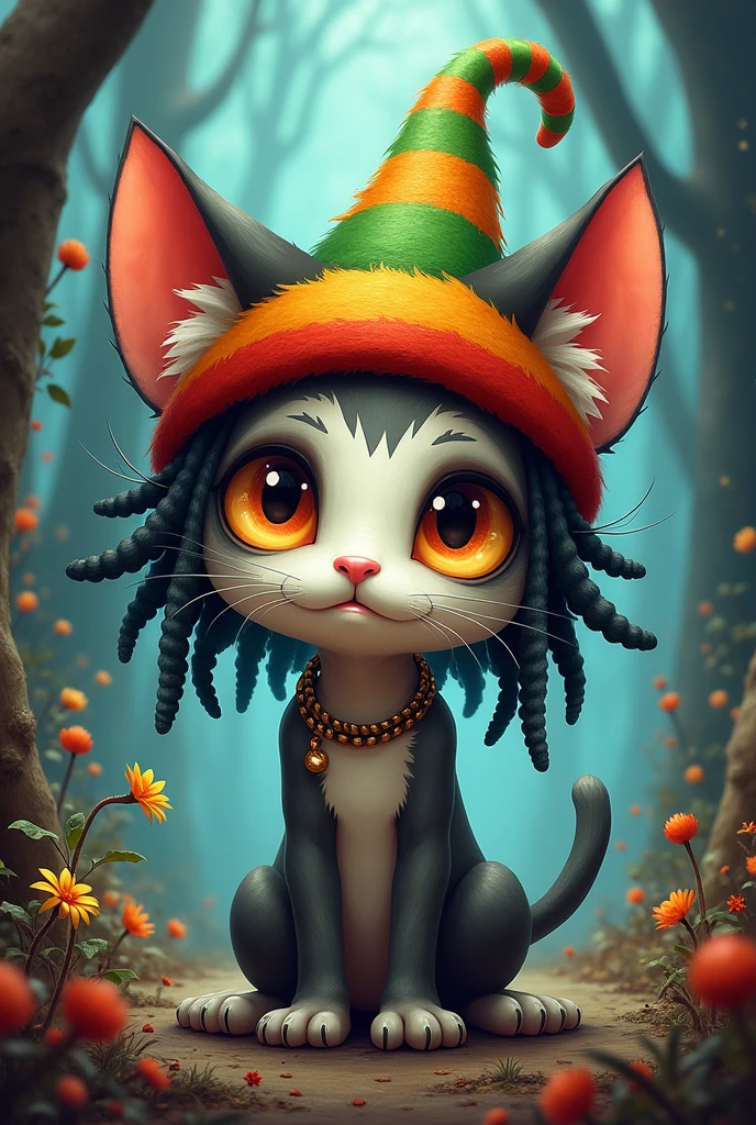 Create a character like the one from the game Hollow Night so cute that he looks like a cat but with dreadlocks and a Rastafarian hat with his ears sticking out with the drawing aesthetic of Jack Stauber