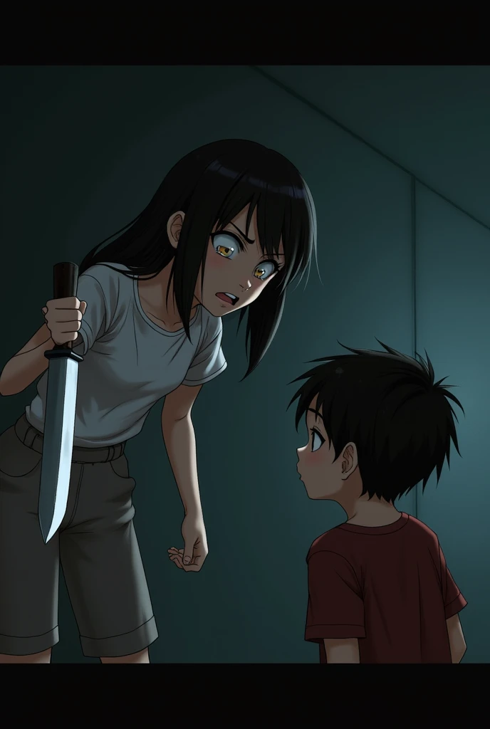 Anime girl pointing a knife at a confused boy 