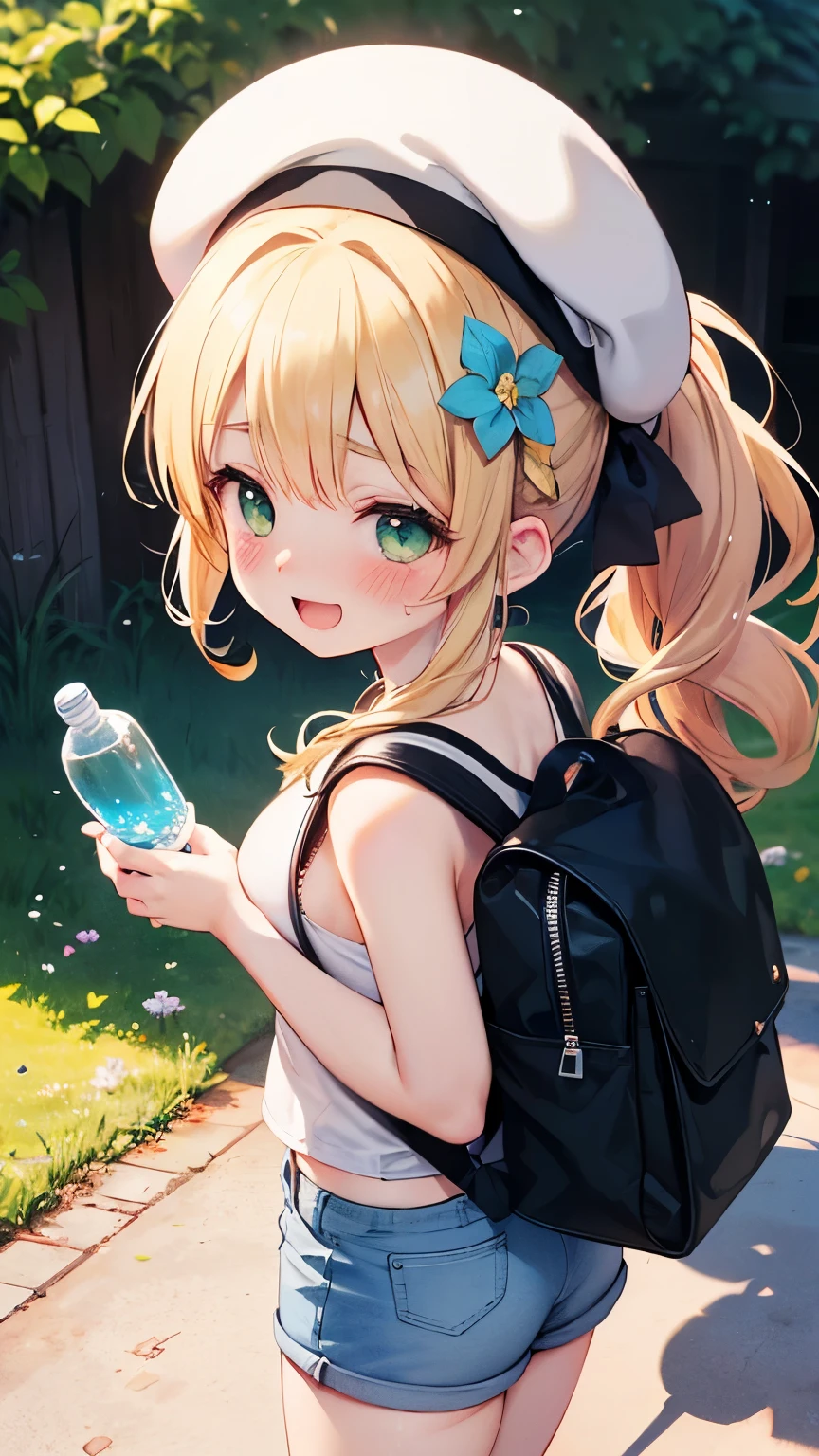 (8k, RAW photo, best quality, masterpiece, highres, absurdres, ultra detailed:1.3), (Photography, realistic, photo-realistic:1.4), (beautiful natural lighting, beautiful deatailed shadow, beautiful detailed glow :1.4), atmospheric,
BREAK, 1 beautiful girl, girl, (cute:1.5),(chibi:0.5),(cute:2.0),(:2.0),(12 year old girl),(big breasts:1.65),(chin hair,blonde,blue bow,green eyes,Eyebrows visible through the hair,side lock,long hair with bangs parted, hair flower, hair ornaments, big ribbon in hair, curly hair, ponytail:1.6),:he, white feathers, one thin white wing, Ang he wings, spread,(blushed,:d:1.45) , BREAK
(white tank_top, hotpants, backpack,beret:1.4), (drinking, sweatdrop, outdoor, summer, mountain, mushroom,Shiba Inu drinking water, Little bird, busy:1.2), (wariza,holding water bottle:1.4), standing, In a western country town, BREAK
,
BREAK wakame,wakame,wakame,(cowboy shot,from front above:1.4) BREAK manga illustration.media,manga style,(ultra rich intricately proper sketch+pastel+airbrush+colored pencil:1.1),(ultra highres composition details:1.2), (delicate illustration), (pastelcolor style illustration:0.9), (watercolor style illustration:0.4),