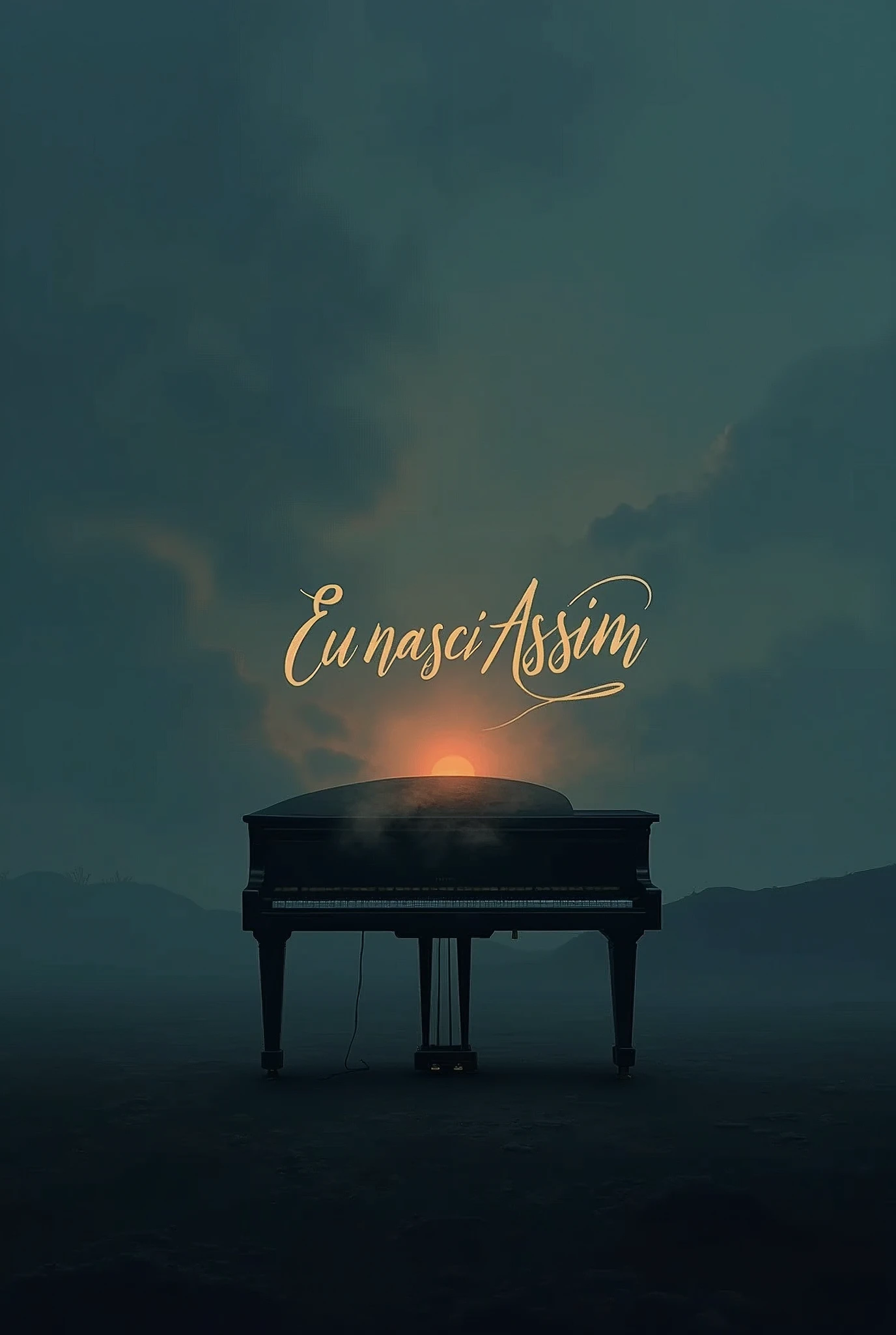 Create a soulful and introspective album cover for the song 'EU NASCI ASSIM,' reflecting the journey of self-discovery and the emotional turmoil within. The scene should feature a lone piano on a vast, empty landscape, symbolizing both solitude and the search for identity. The piano's keys should be subtly illuminated, casting soft, warm light that contrasts with the surrounding shadows. Above, the sky is a blend of deep blues and purples, with hints of dawn breaking through the darkness, representing the gradual understanding of one's true self. Wisps of fog or mist float around the piano, adding an element of mystery and introspection. The title 'EU NASCI ASSIM' should be written in a flowing, soulful script, gently intertwined with the mist, suggesting a connection between the music and the internal journey. The overall mood should evoke feelings of melancholy, reflection, and a touch of hope