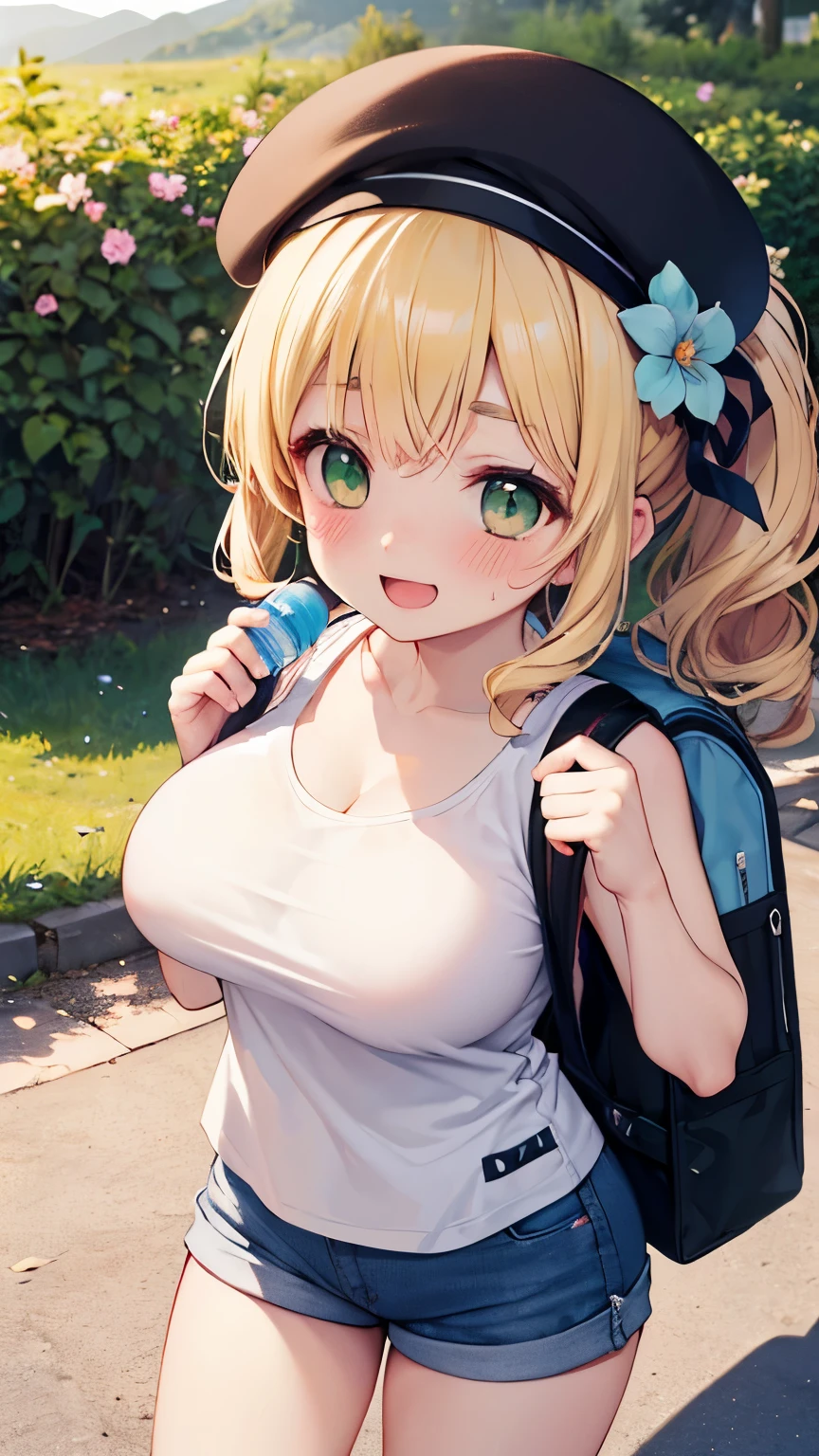 (8k, RAW photo, best quality, masterpiece, highres, absurdres, ultra detailed:1.3), (Photography, realistic, photo-realistic:1.4), (beautiful natural lighting, beautiful deatailed shadow, beautiful detailed glow :1.4), atmospheric,
BREAK, 1 beautiful girl, girl, (cute:1.5),(chibi:0.5),(cute:2.0),(:2.0),(12 year old girl),(big breasts:1.65),(chin hair,blonde,blue bow,green eyes,Eyebrows visible through the hair,side lock,long hair with bangs parted, hair flower, hair ornaments, big ribbon in hair, curly hair, ponytail:1.6),:he, white feathers, one thin white wing, Ang he wings, spread,(blushed,:d:1.45) , BREAK
(white tank_top, hotpants, backpack,beret:1.4), (drinking, sweatdrop, outdoor, summer, mountain, mushroom,Shiba Inu drinking water, Little bird, busy:1.2), (wariza,holding water bottle:1.4), standing, In a western country town, BREAK
,
BREAK wakame,wakame,wakame,(cowboy shot,from front above:1.4) BREAK manga illustration.media,manga style,(ultra rich intricately proper sketch+pastel+airbrush+colored pencil:1.1),(ultra highres composition details:1.2), (delicate illustration), (pastelcolor style illustration:0.9), (watercolor style illustration:0.4),