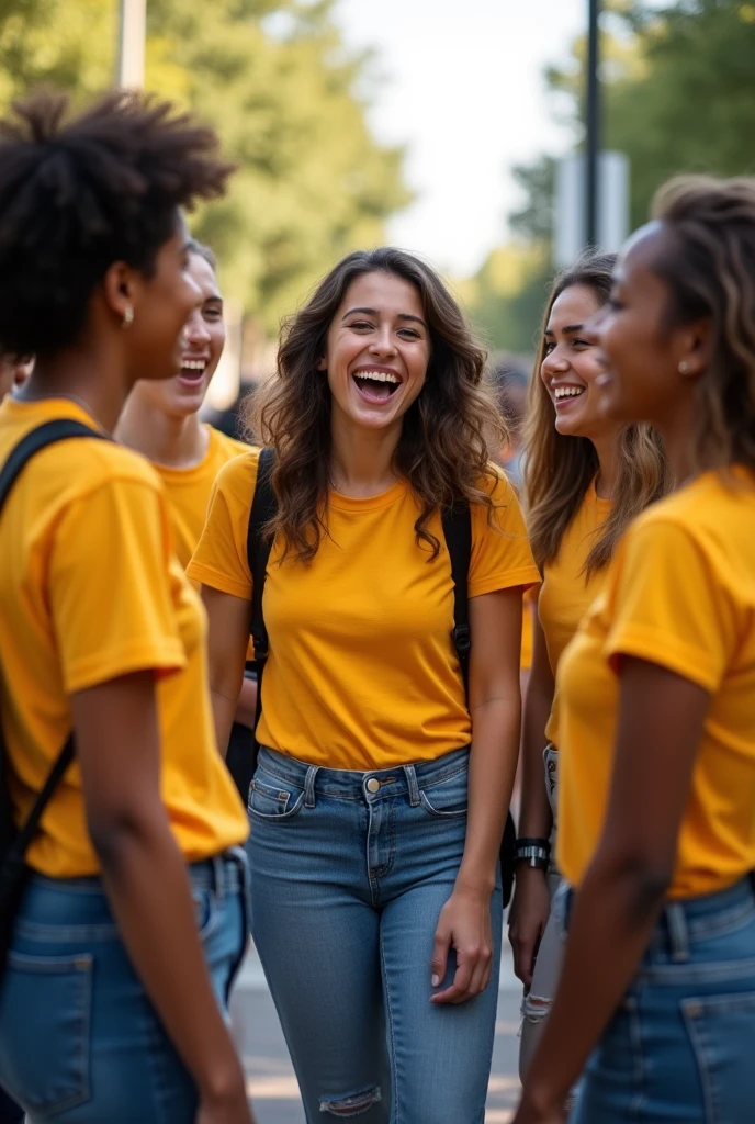 A group of teenagers laughing and chatting in jeans that perfectly match with a yellow t-shirt. Hyperrealistic image with a lens aperture of 1.4 at a focal length of 35 mm