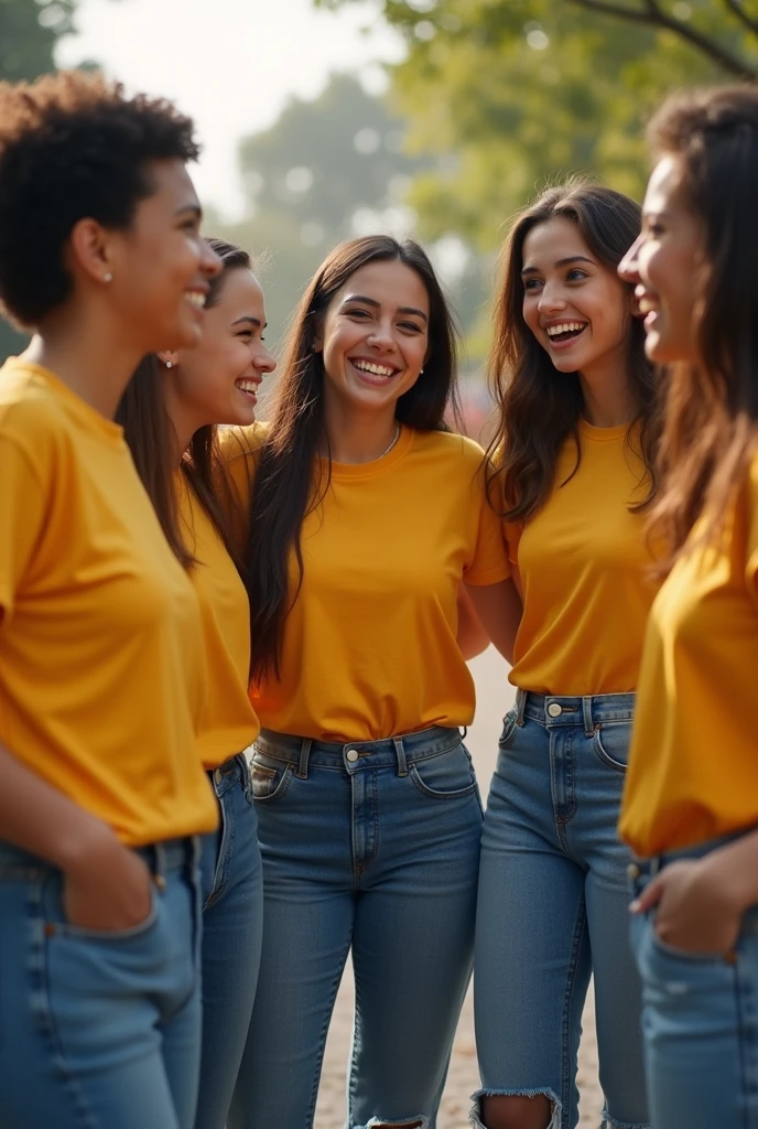 A group of teenagers laughing and chatting in jeans that perfectly match with a yellow t-shirt. Hyperrealistic image with a lens aperture of 1.4 at a focal length of 35 mm