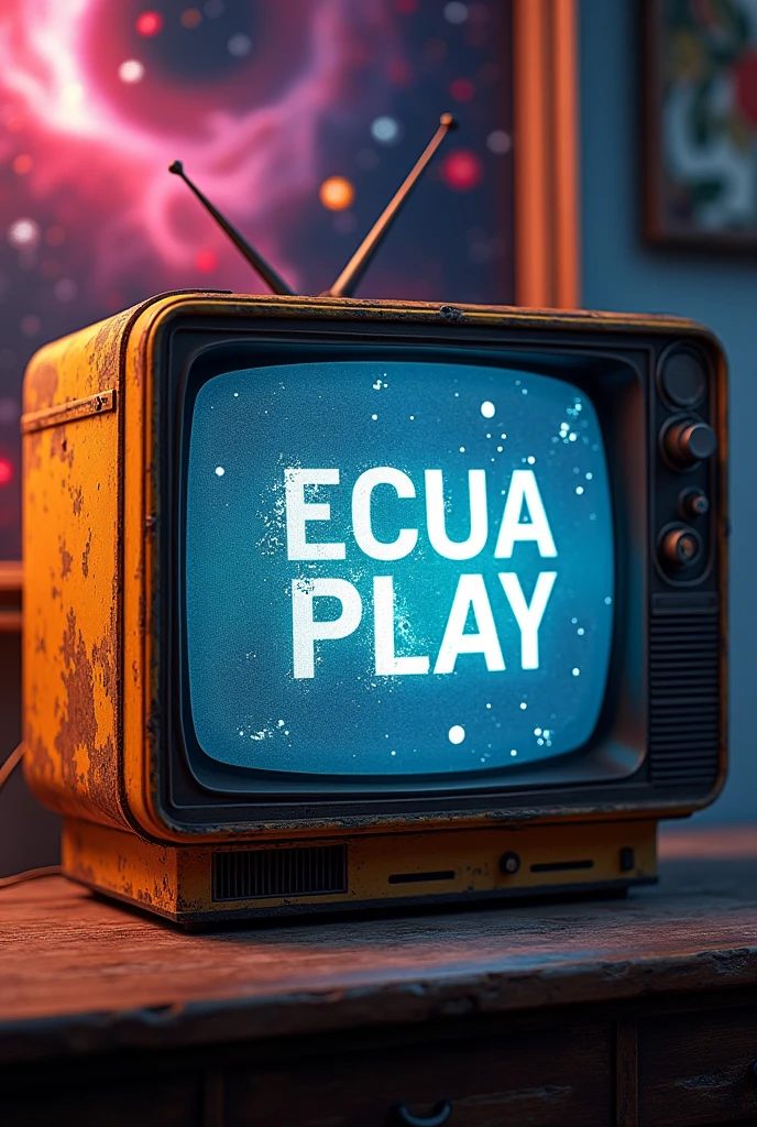 create old yellow tv with name ECUA PLEy down the BET letters 3D wallpaper tv GALAXIAentertainment TV