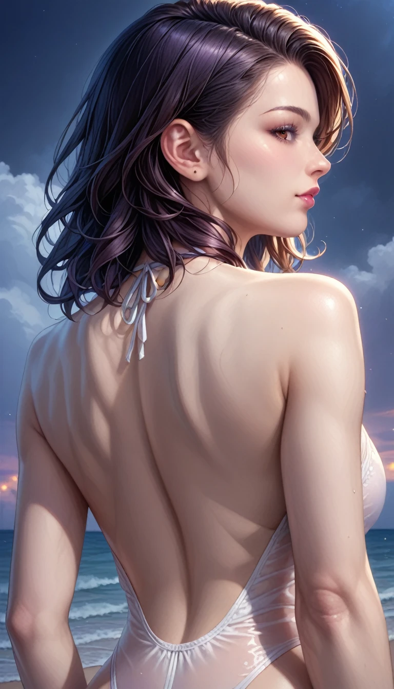 score_9, score_8_superior, score_7_superior, High resolution 3D anime style,A masterpiece in 32K resolution,Highest quality,it is really amazing,Very detailed,Ultra-high resolution,Ultra-realistic,Realistic,Increased depth of field,Cinematic lighting,
(Sexy mature Japan woman:1.2),
(black straight medium hair:1.1),(Ultra-detailed and beautiful face:1.1),(Calm and gentle look:1.1),Beautiful brown eyes,Translucent white skin,Realistic skin texture,Great proportions,
Elegant swimwear,
Summery design,Chic color scheme,Beautiful and delicate decoration,Detailed fabric texture,
(Dark overcast sky on a dull night:1.1),(Dark clouds filling the sky:1),(Thundercloud:1),Coastline at night,Stormy seas,(delay々A desolate sandy beach that continues:1),
dramatic,(Beautiful back view:1.2),