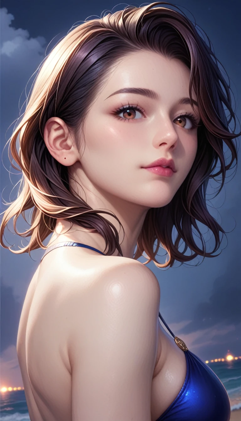 score_9, score_8_superior, score_7_superior, High-resolution CG illustration,A masterpiece in 32K resolution,Highest quality,it is really amazing,Very detailed,Ultra-high resolution,Ultra-realistic,Realistic,Increased depth of field,Cinematic lighting,
(Sexy mature Japan woman:1.1),
black straight medium hair,Ultra-detailed and beautiful face,Calm and gentle look,Beautiful brown eyes,Translucent white skin,Realistic skin texture,Great proportions,
Elegant high leg swimsuit,
Bold design,Chic color scheme,Detailed fabric texture,
(Dark overcast sky on a dull night:1.1),(Dark clouds filling the sky:1),(Thundercloud:1),Coastline at night,Stormy seas,(delay々A desolate sandy beach that continues:1),
Cinematic Angle,