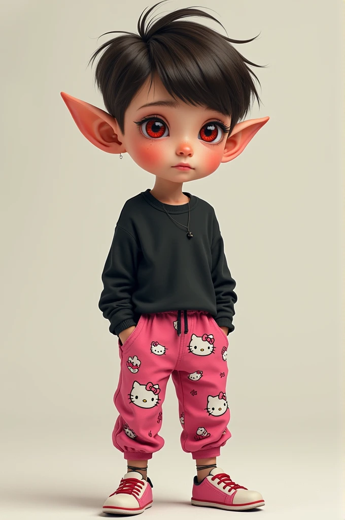 Create a boy, he is small, with pink hellokity pants, red eyes and a black blouse