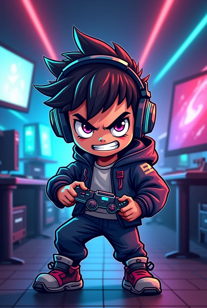 Believe me with the name of"Vic Gamer12" a mascot logo where the mascot is a gamer boy with a futuristic gamer setup background and at the bottom with the name Vic Gamer12 