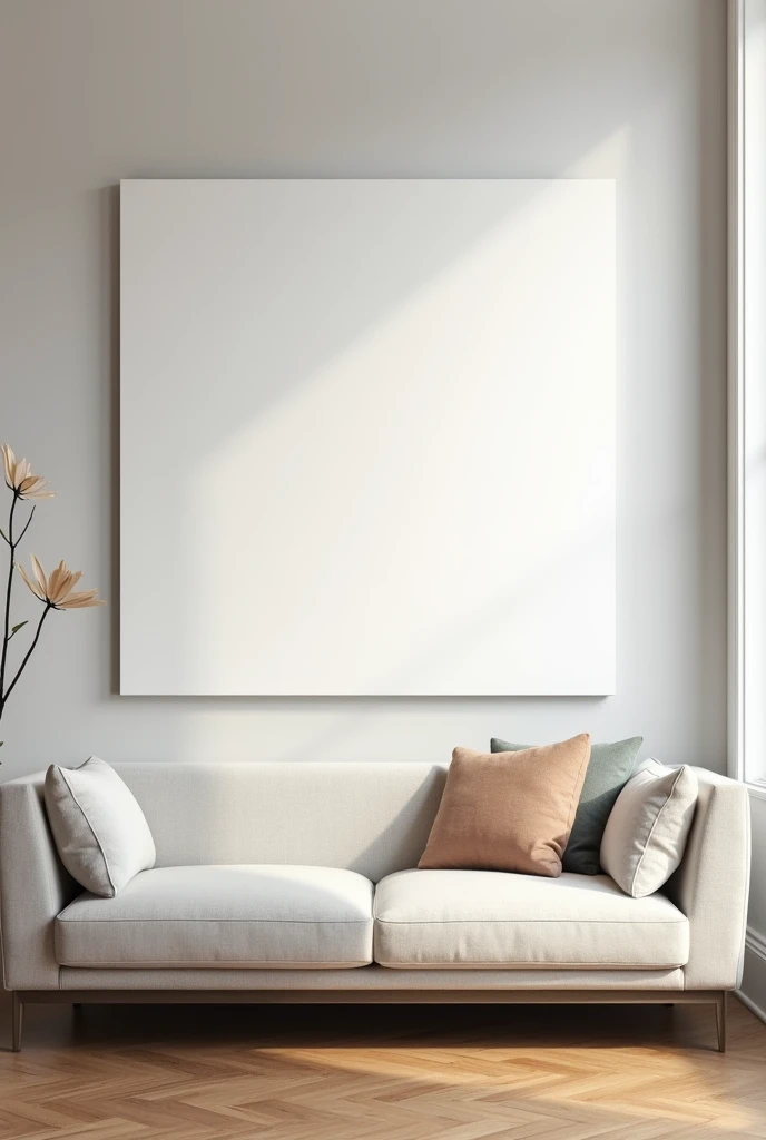 (photorealism:1.2), Create a mockup for a white box, square format in white, which is located in a hyperrealistic modern style room, the painting is hanging on the wall, behind the sofa
