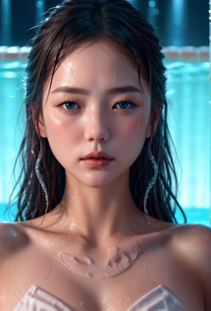 (Beautiful woman with wet hair in swimming pool_delicate eyes, nose, mouth), (Close up angle_검은색 수영복을 mouth고 넓은 테라스에서 여유로운 시간을 보내는 모습), The interior is quiet and peaceful with bright movie lighting. . surreal, realistic detailed, best quality, high quality, detailed, masterpiece, 8k,