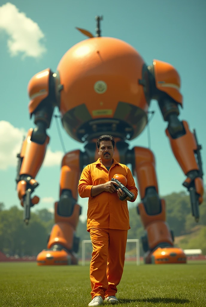 Pablo Escobar holding gun holding tangerine on football field in front of giant mechanical tangerine
