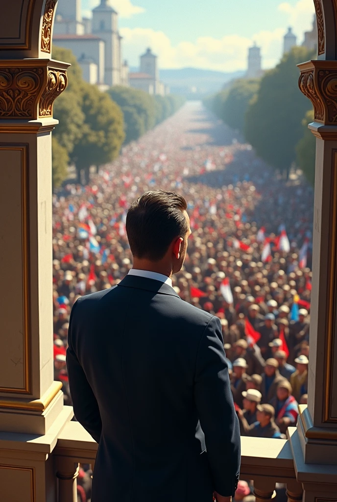 generates an image of the president of Argentina, Juan Domingo Peron, looking from his balcony at a crowd of marching workers (that looks like Peron)