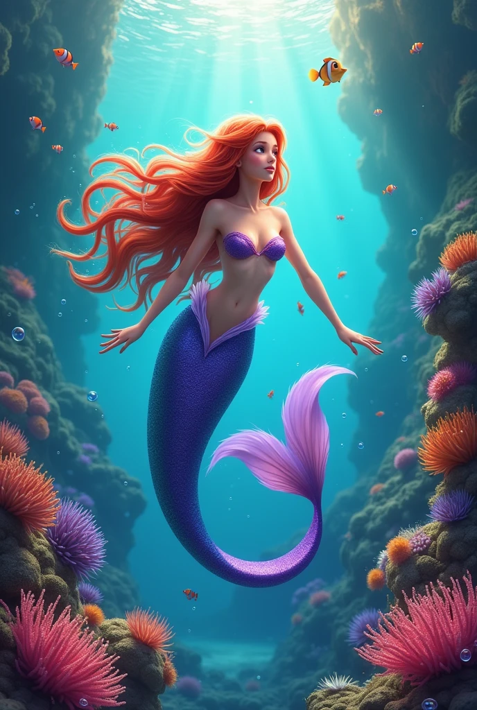 Mermaid with rainbow hair and purple tail in a beautiful and realistic reef