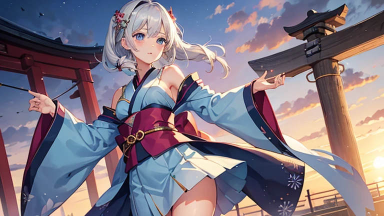 1girl in, Silver Shorthair, sky-blue eyes, kimono skirt, shrines, Cute, blush, medium breasts⁩, Sunset, Best Quality++, Highest Quality++