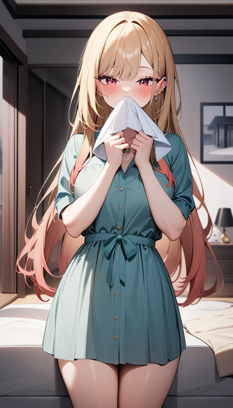 1girl, kitagawa marin, sono bisque doll wa koi wo suru,,beautiful dress,modern livingroom,(A man holds a rag over her mouth,chloroformed by man,behind),she falls asleep, perfect eyes,perfect hands,masterpiece,very aesthetic,newest,nsfw