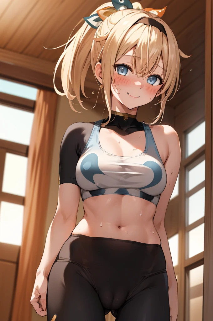 , 1girl, kazama iroha, blonde hair, hairband, bangs, ponytail, , blue eyes, hair between eyes, black hairband, hair ornament, leaf hair ornament, sports bra,leggings,blush,sweating,(((cowboy shot,,))),(((looking viewer))),indoor,cameltoe,smile