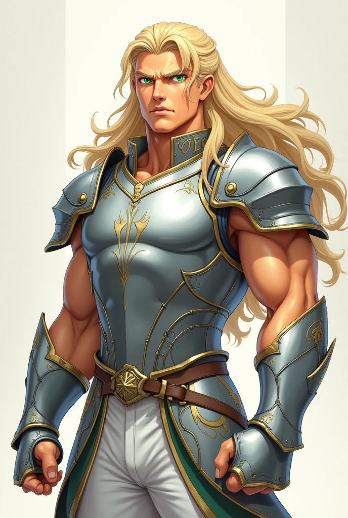 fair-skinned male, greeneyes, angry look, blonde hair long, wearing a white tank top, wearing white pants, wearing silver chest armor, Knights of the Zodiac style, anime styling, Full-body image