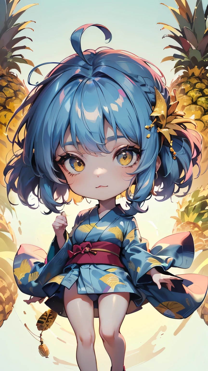 (Chibi animation、One Chibi、masterpiece、Drawn with thick colored pencils:1.2)、(Chibi Body、Small face、Cute all over、Light blue hair color, Short chignon hair:1.4),(Highly detailed eyes、Golden Eyes、Breast enlargement、Gloss Lip、 :3, Ahoge, Carefully drawn fingertips、Very thin legs:1.2)、(Pineapple Wallpaper、Big fresh pineapple:1.5)、(Little Courtesan、hair ornaments、Simple Background、Floral Yukata:1.3),(The wind is blowing、A miracle photo、8k、Ultra HD Photos、Highly detailed art gems:1.4)