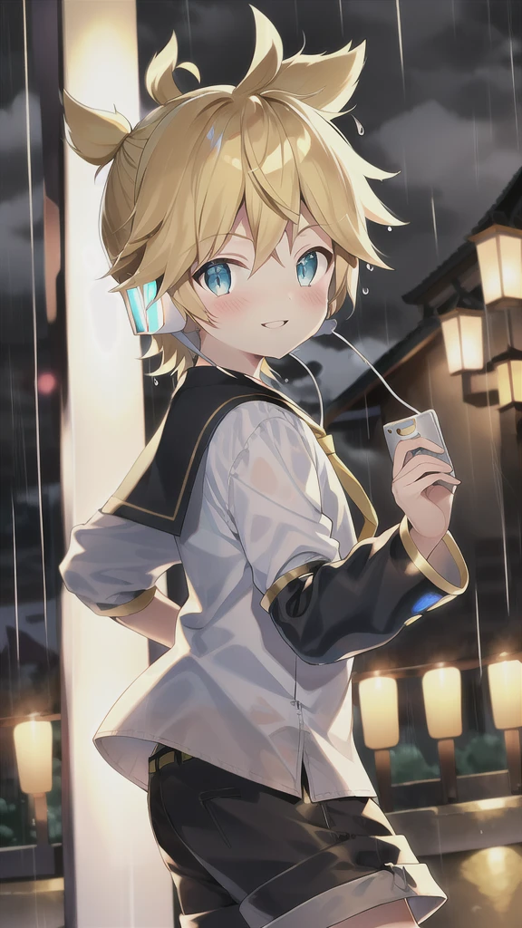 best quality,  boy, Kagamine Len, cute,, over small sailor uniform, shorts, necktie, earphone, parted lips, full blush, dancing in a rainy dark night, seductive smile to the viewer