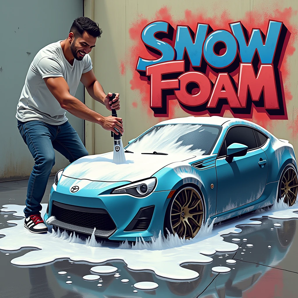 A graffiti style drawing of a man washing a car with snow foam and on the wall writing: duck lava car
