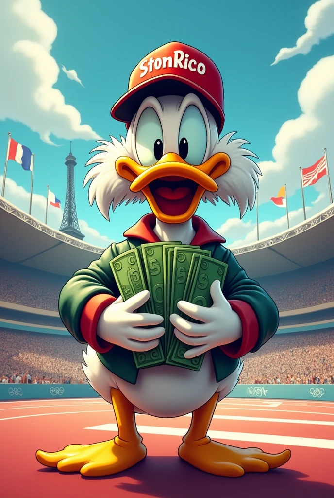 Make Uncle Scrooge holding a wad of cash after winning a tournament at the Paris Olympics. On your hat be written: StonRico