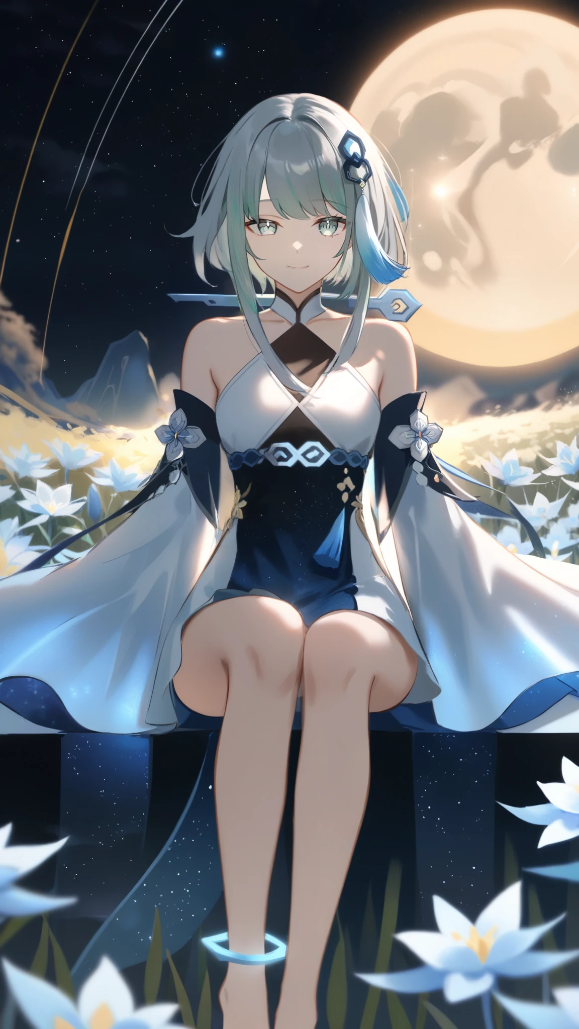 1girl, guizhong_\(genshin_impact\),light grey hair,short_hair_with_long_locks,starry_sky_print,detached_sleeves, long sleeves_past_fingers,hanfu,illustrated by matsuryuu and agahari and dsmile,pale blue eyes,stunning field of softly glowing blue and white glaze lilies,night scene,gentle smile,moonlight,glossy lips,vivid anime coloring,cel shading,smooth, soft dreamy focus,anklet,halter_top,white clothes,highly detailed,digital painting,field of flowers,bare_shoulders,wlop,barefoot,cool night tones, magical night scene,masterpiece, best quality, film, professional, 4k, highly detailed,Guardian nebula of rainbow light and silvery vapor,starry,cosmic,goddess,rich color,hdr,silver moon