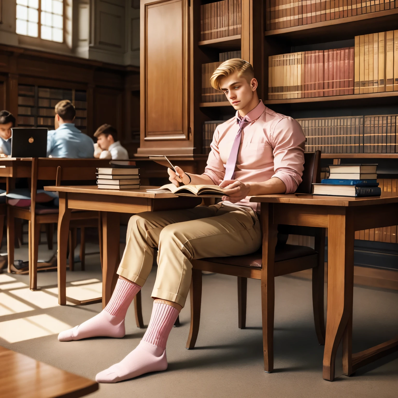 full body view, a young blonde handsome white french guy with undercut preppy haircut, brown eyes, strong pointed nose, wearing light-pink shirt, beige chino preppy pants, in light-pink socks, no shoes, golden signet ring, studying at the library of french university, reading books, seated alone in his socks at his table, a pair of brown suede shoes is abandoned under the table, other students studying around at other tables