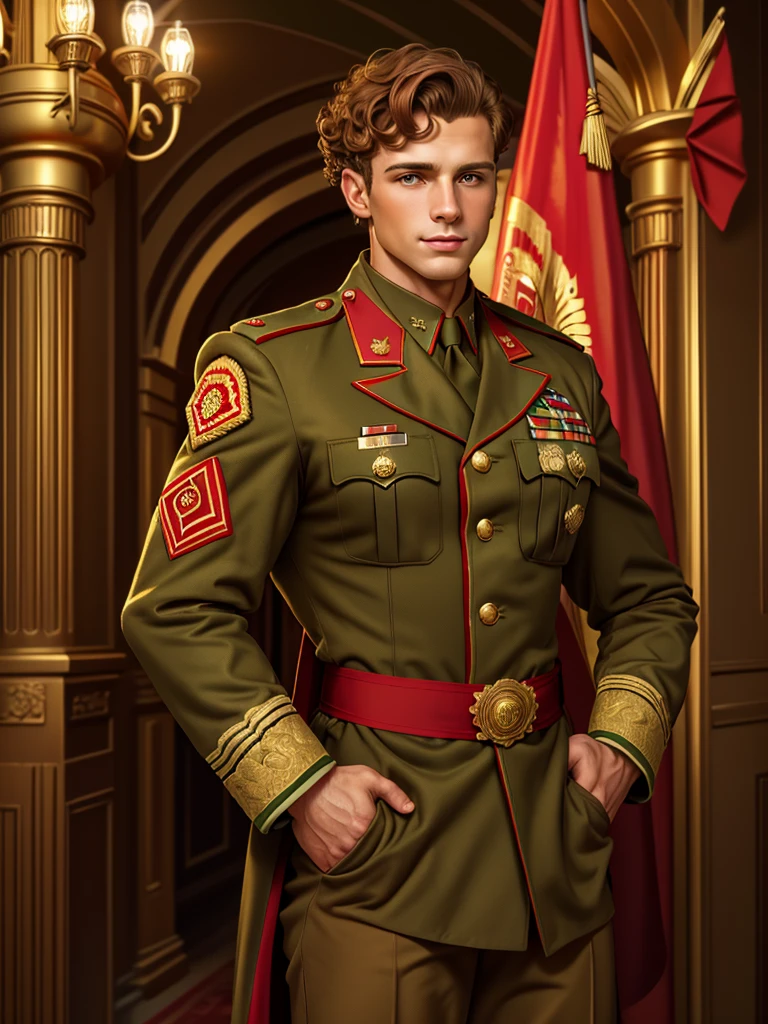 Leyendecker style illustration;   Portrait digital painting, (Young man with light brown curly hair in military uniform:1.3), Symmetrical composition, (Calm confident expression:1.2), (Brown eyes looking slightly left:1.2), Olive green jacket with red and gold accents, (Red and green epaulettes:1.3), Golden buttons, Insignia with colored embroidery on left side, Red bird in flight brooch, Richly embroidered gold sash from right shoulder to left hip, Complex golden patterns on black sash, (Historic palace interior:1.2), Decorative arches and columns, Warm atmospheric lighting, Red bird emblem on blurry banner in background.