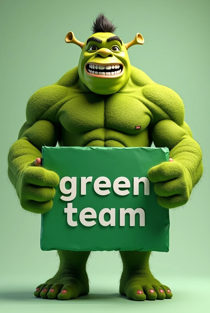 A green Shrek or Hulk mascot with a banner saying " green team"
