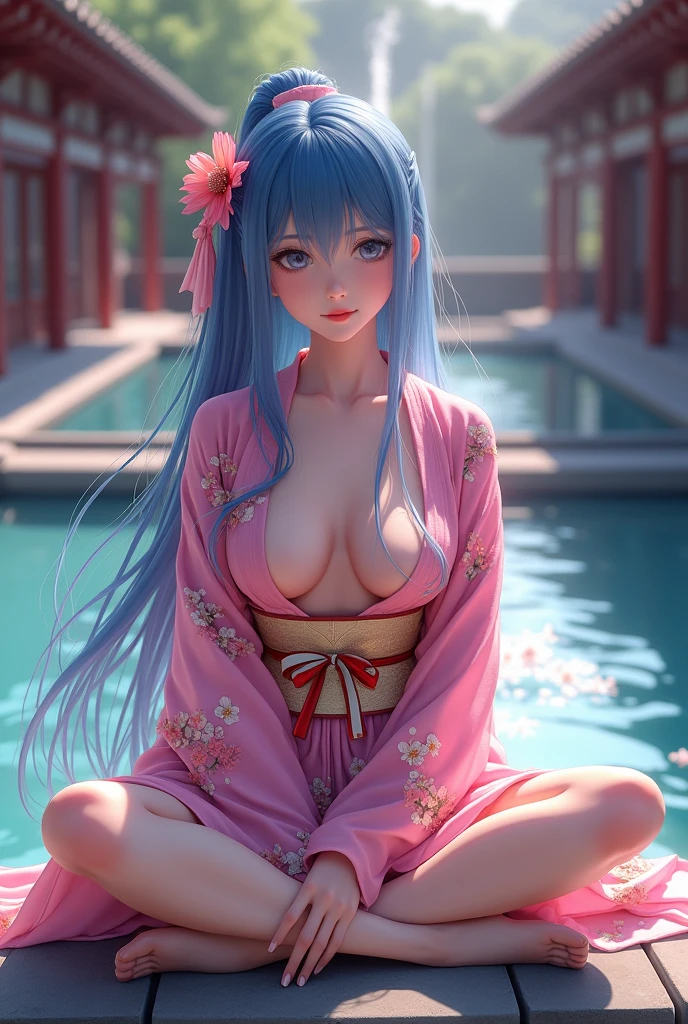 , Pink kimono with flower print, in a Japanese temple with a fountain, long blue hair ,sitting on the fountain, legs crossed, happy, pink panties, exposed chest, exposed shoulders, exposed collarbone