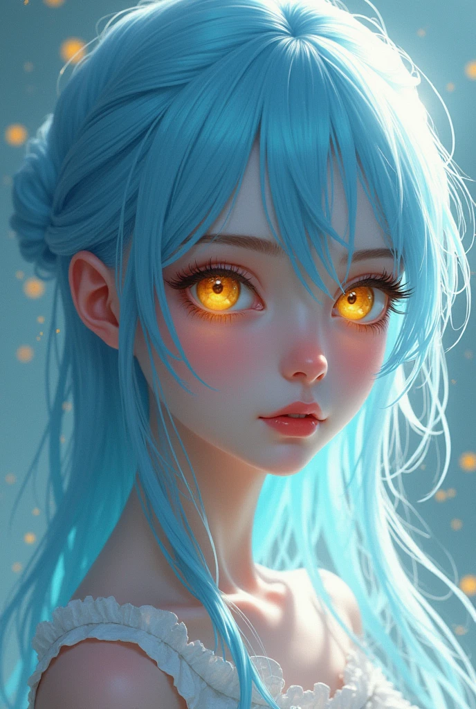 Draw a girl with light blue hair and bright yellow eyes