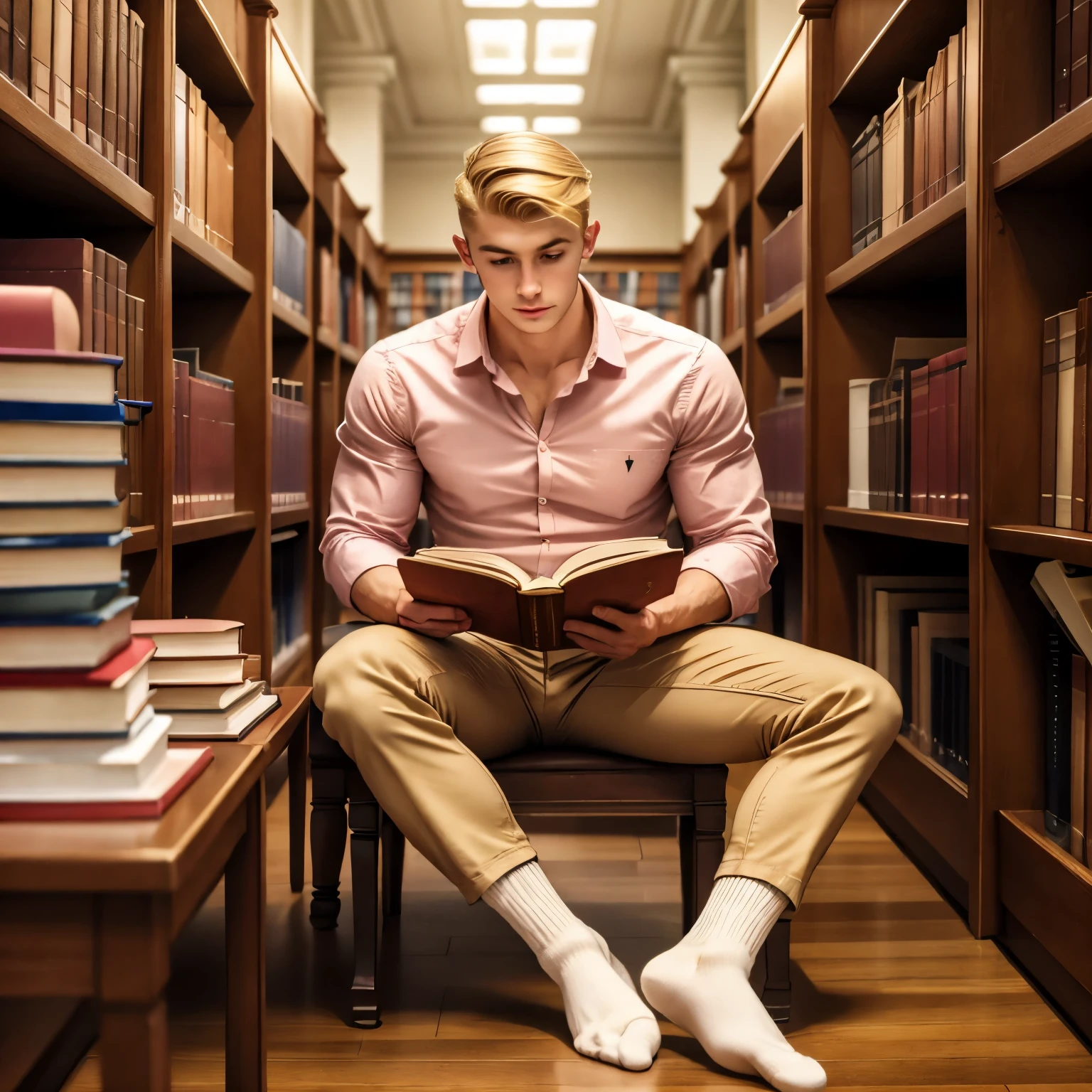 full body view, a young blonde handsome white french guy with undercut preppy haircut, brown eyes, strong pointed nose, wearing light-pink shirt, beige chino preppy pants, in light-pink socks, no shoes, golden signet ring, studying at the library of french university, reading books, seated alone in his socks at his table, a pair of brown suede shoes is abandoned under the table, other students studying around at other tables