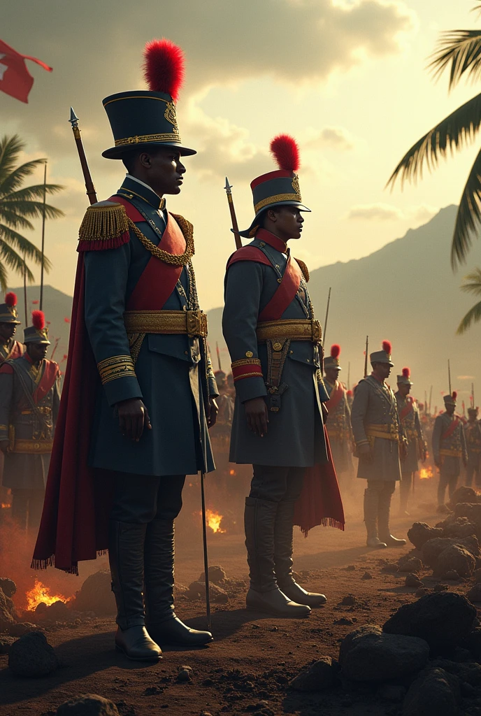 Show at Toussaint Louverture, Jean-Jacques Dessalines and other Haitian leaders, against the backdrop of a battlefield, palm trees and mountains.